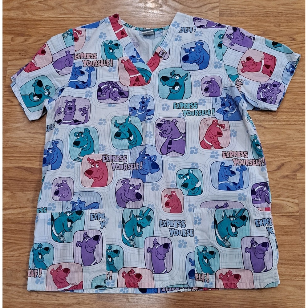 Vtg 1990s Y2K Cartoon Netork Scooby Doo Wear Large Scrub Top EXPRESS YOURSELF